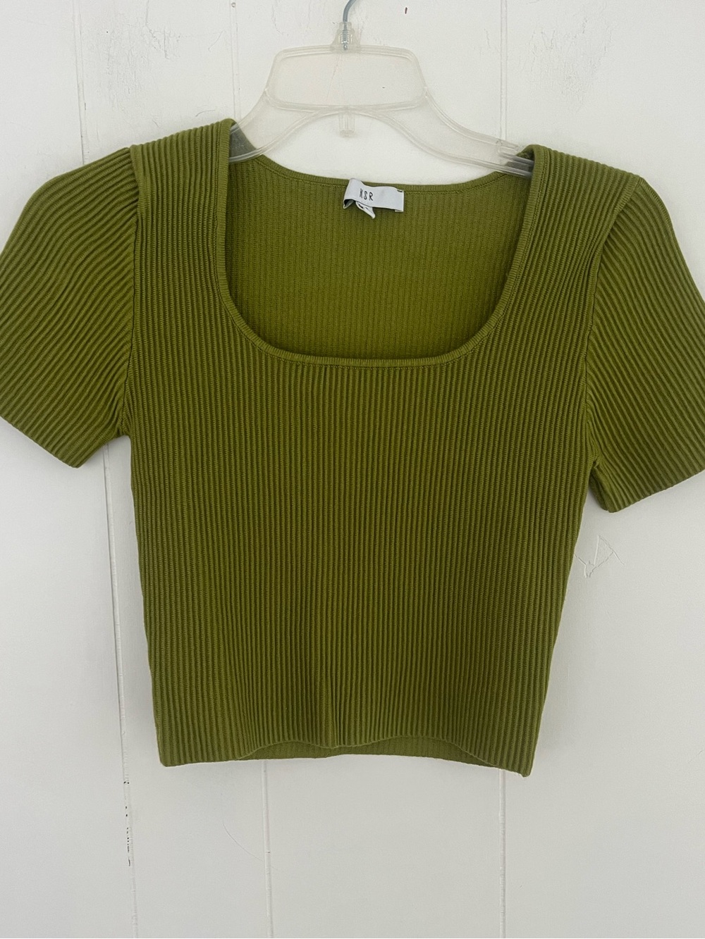 NSR Never Sunday Rose Olive Green Ribbed Square Neck Short Sleeve Top Size Small
